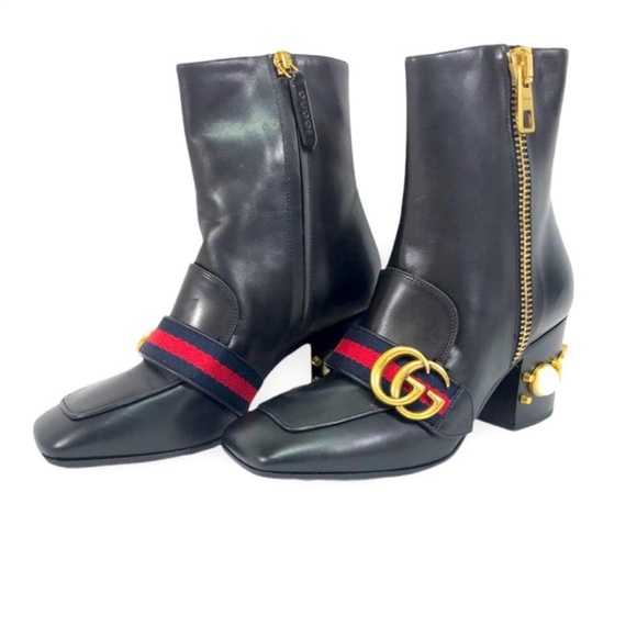 Gucci Peyton Pearly-Heel Ankle Boot in Black Leather Size 8 - Picture 1 of 9